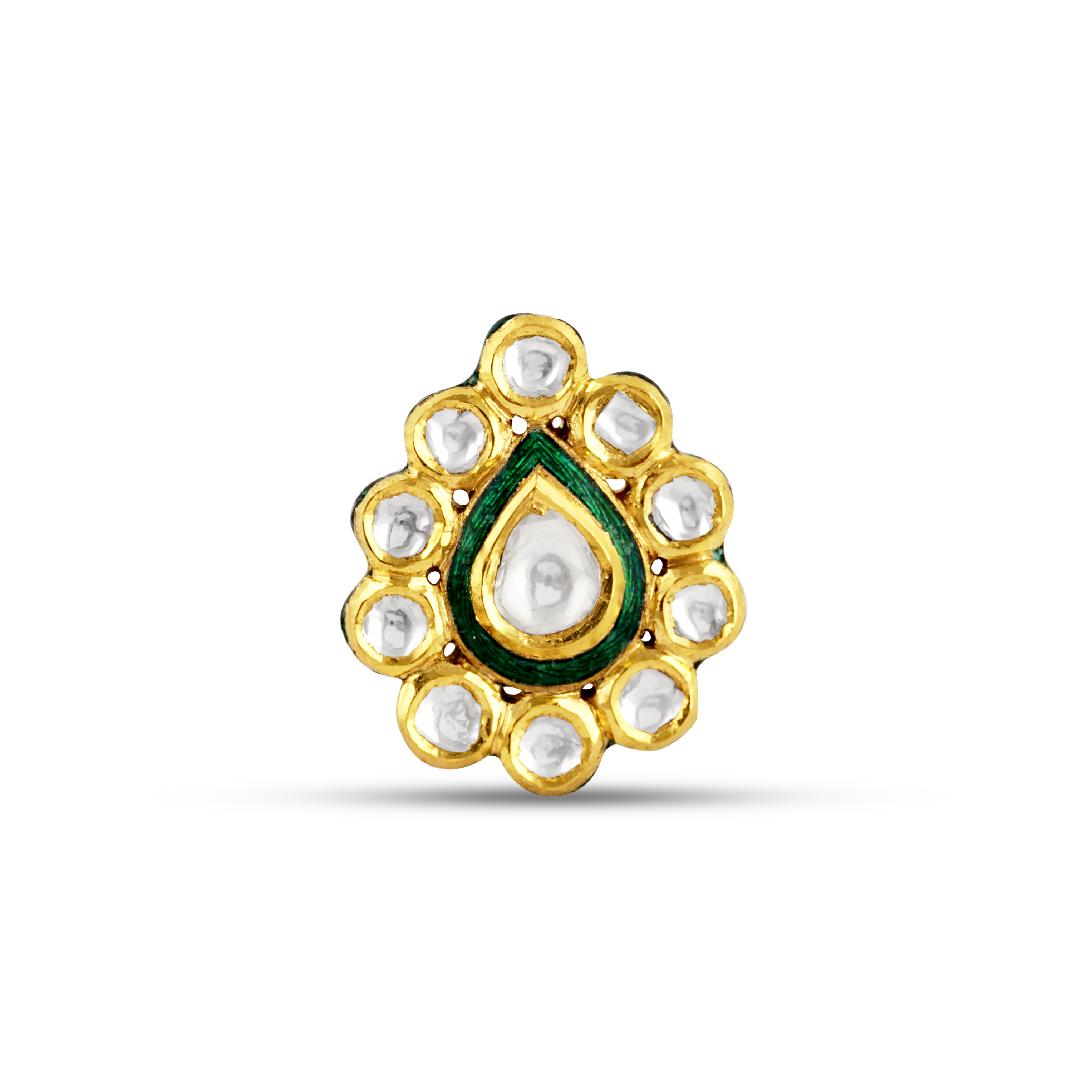 Pear-Shaped Polki Ring with Green Meena and Polki Cluster